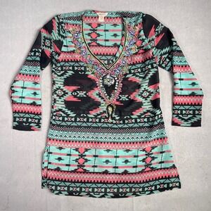 Lucky & Coco Beaded Tunic Top Aztec Print Bohemian‎ Blouse Size L
